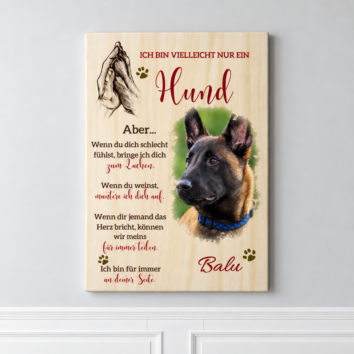 Gepersonaliseerd canvas met hondenfoto, houtontwerp en liefdevolle boodschap over trouw en steun.