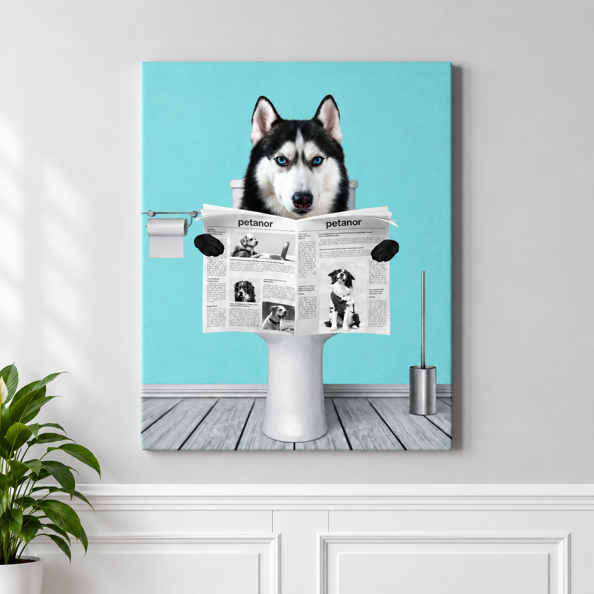 Canvas van een hond met kranten in een humoristische wc-scène voor een turquoise muur.