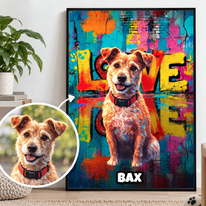 Poster personnalisable avec fond street art coloré et photo de chien.