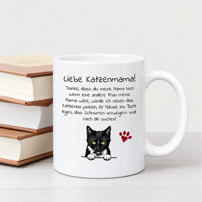 Mug blanc personnalisé avec motif de chat et texte pour mamans de chats.