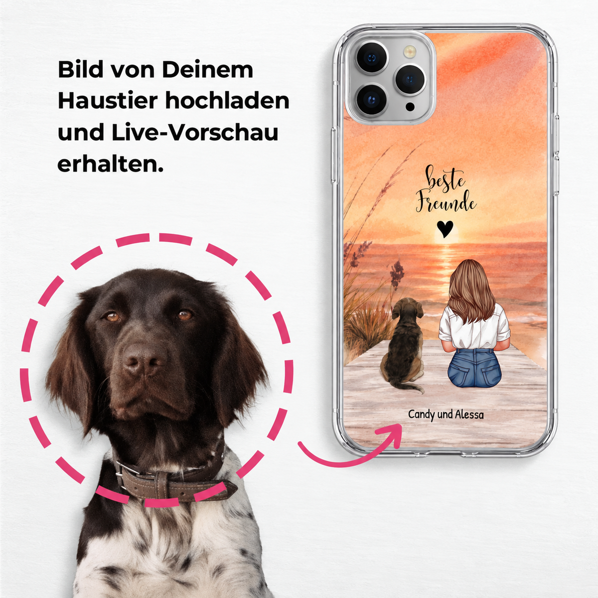 Gepersonaliseerd transparant telefoonhoesje met een vrouw en hond op het strand.