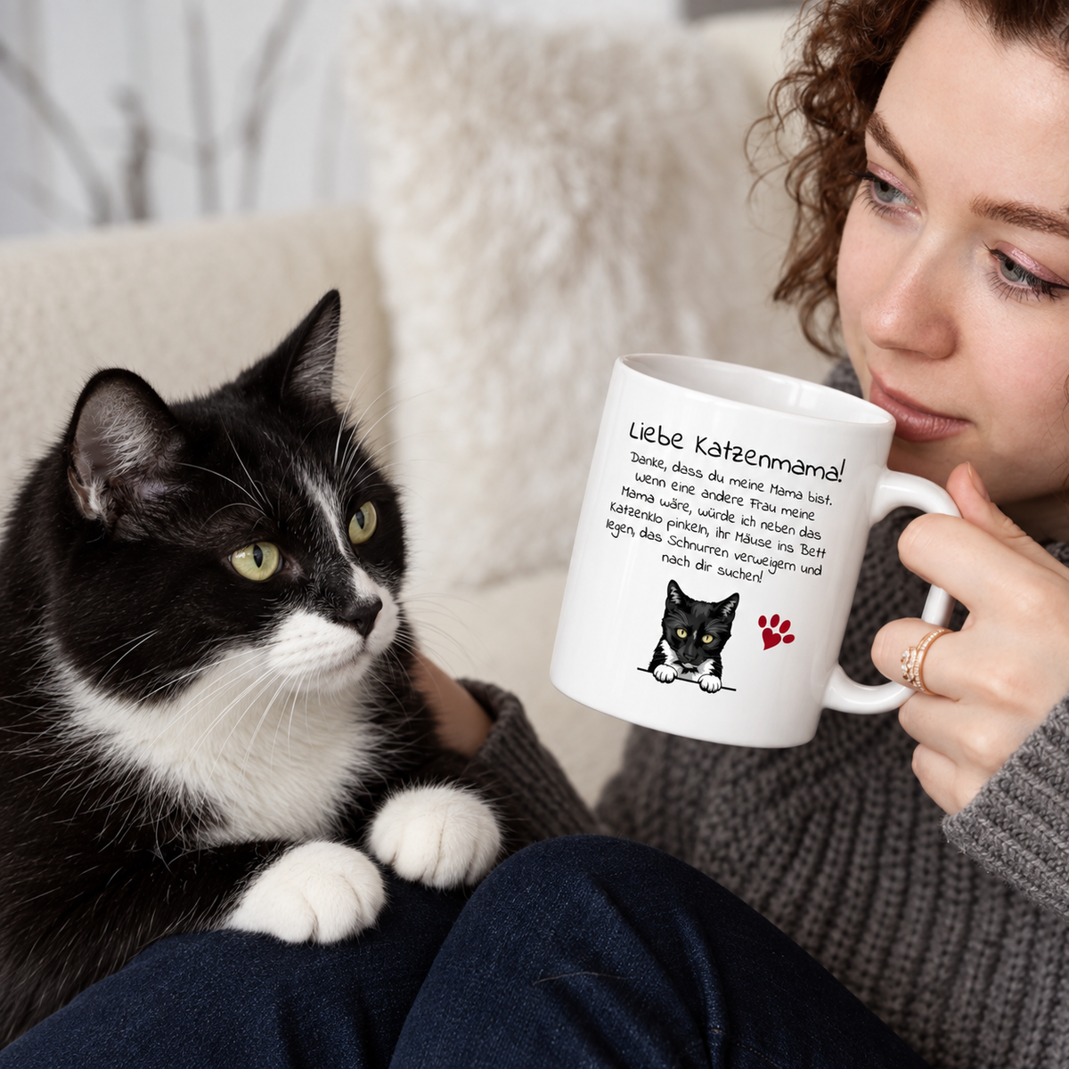Mug personnalisé avec le texte "Liebe Katzenmama!" et motif de chat, dans les mains d'une femme avec un chat.