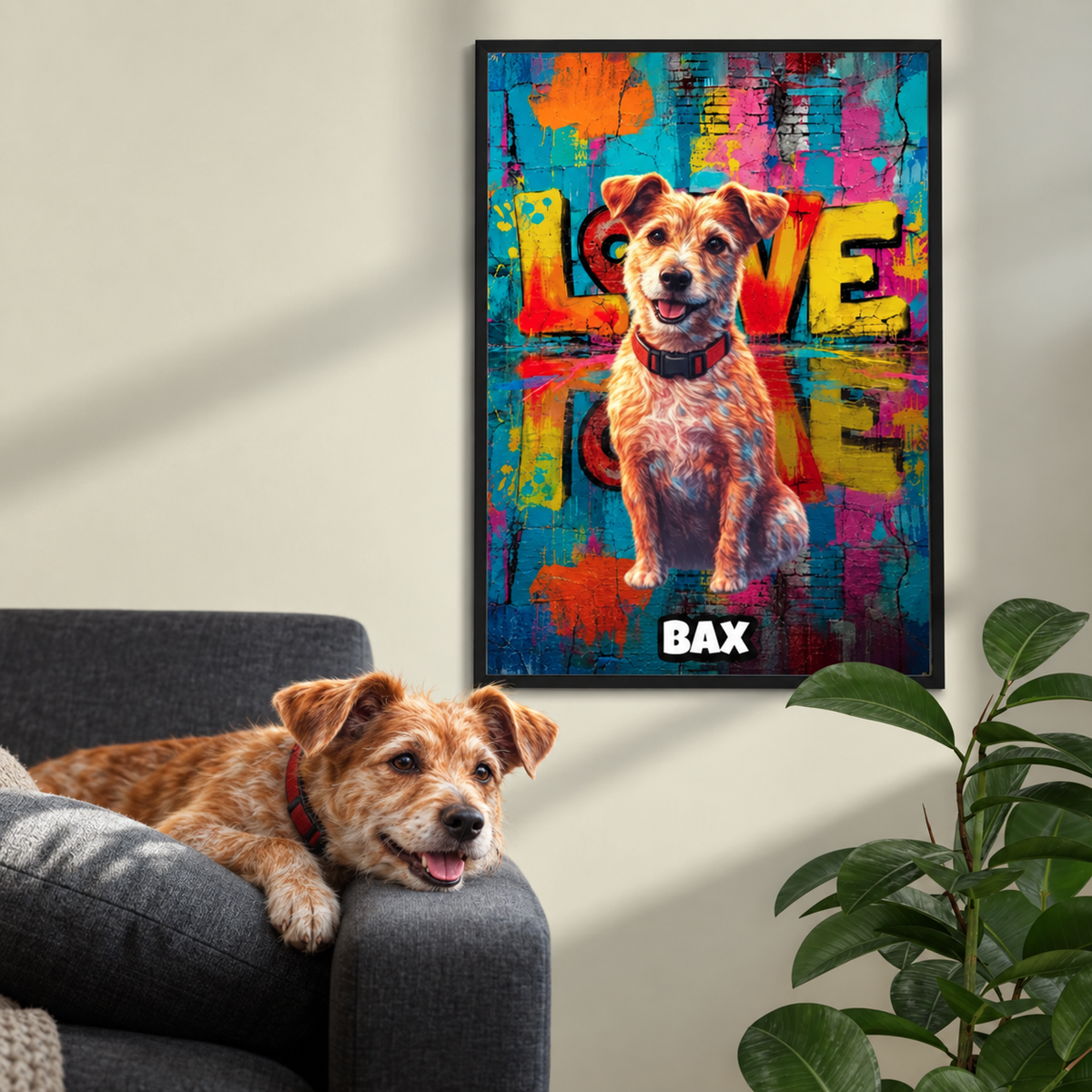 Posters street art personnalisés avec photo de chien, fond coloré et le mot "LOVE".
