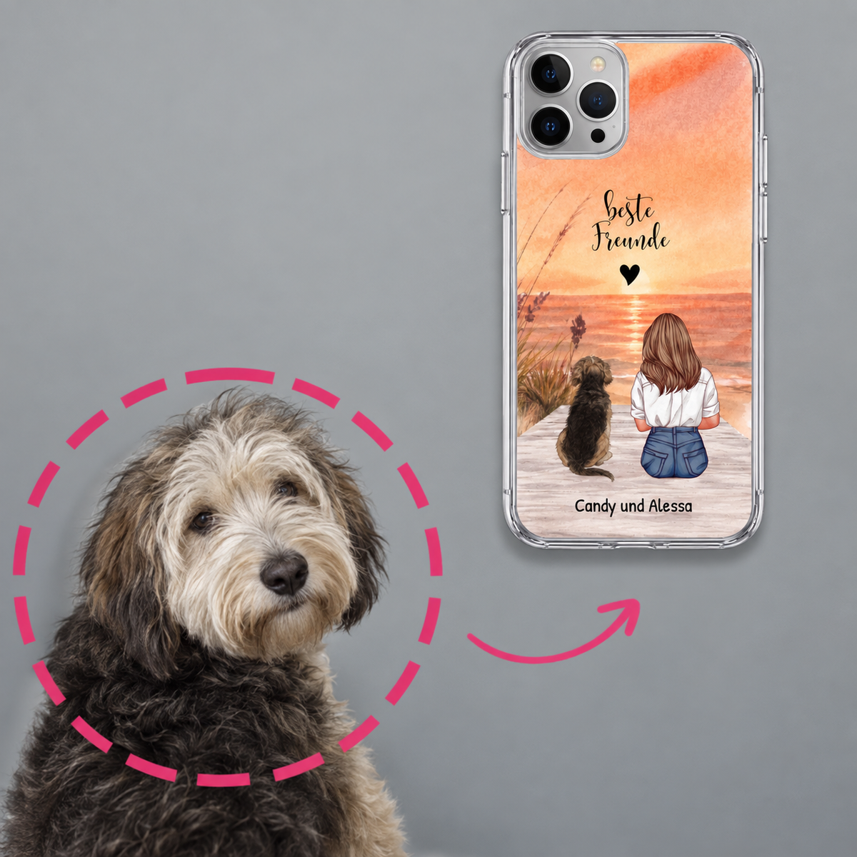 Gepersonaliseerd telefoonhoesje met hondenmotief, transparant kunststof met kleurrijke print.