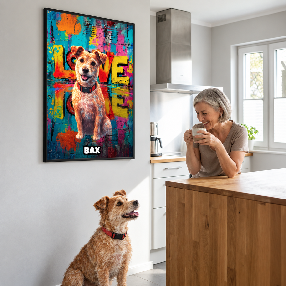 Poster street art personnalisé avec photo de chien et fond coloré, accroché au mur d'une cuisine moderne.
