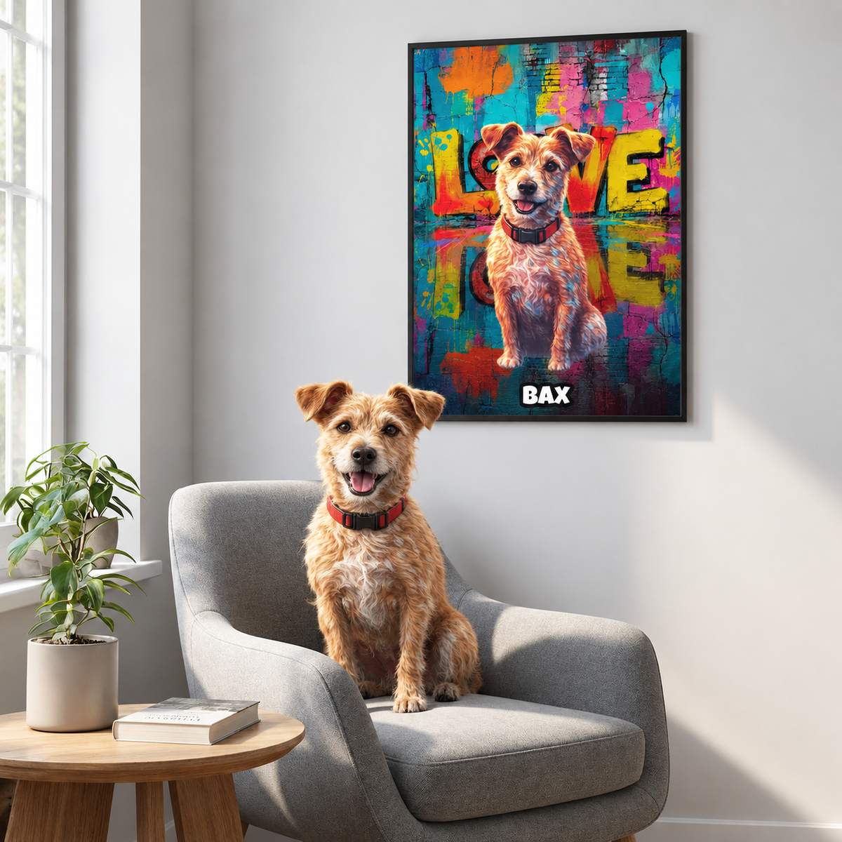 Poster personnalisé style street art d'un chien, fond coloré, le nom "BAX" en bas.