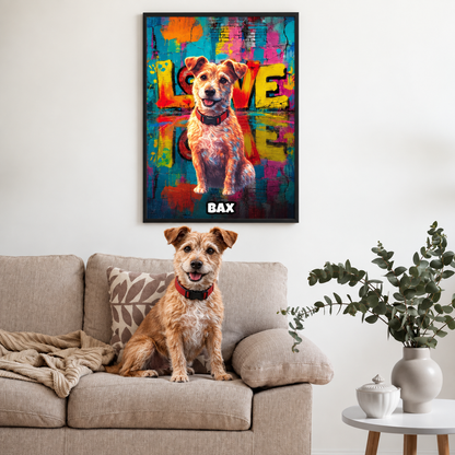 Posters street art personnalisés avec motif de chien, décoratifs aux couleurs vives, encadrés au mur. Chien sur le canapé.