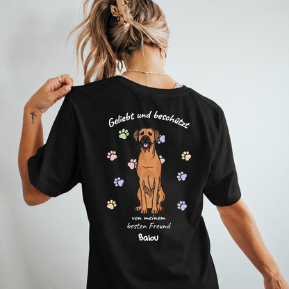 T-shirt noir avec illustration de chien et l'inscription "Geliebt und beschützt von meinem besten Freund Balou".