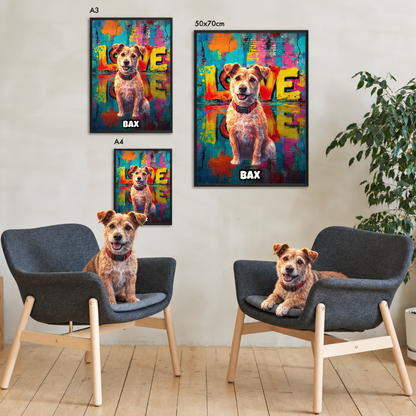 Un salon avec deux fauteuils, deux posters street art personnalisés et un chien au milieu.