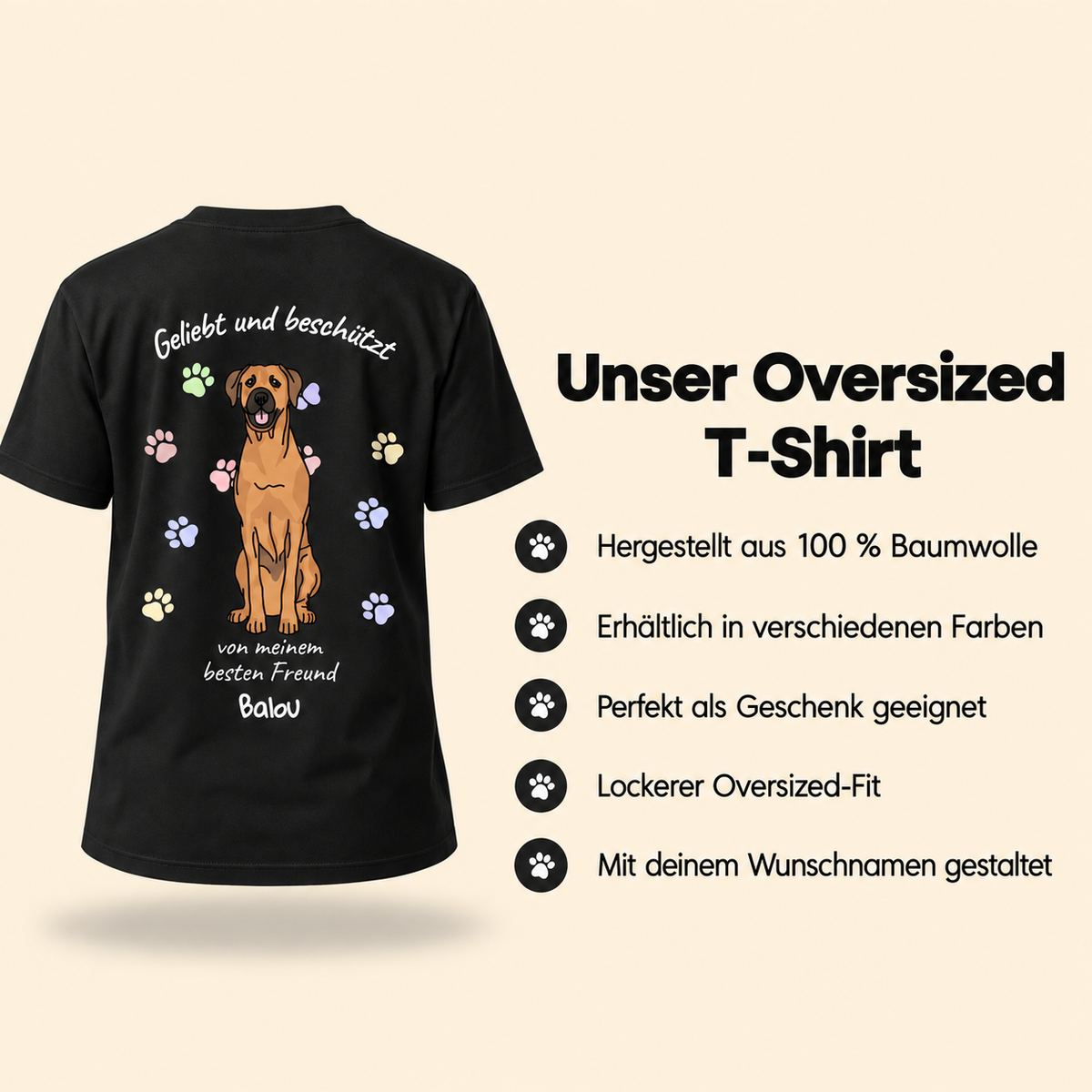 T-shirt noir 100 % coton avec portrait de chien et le texte "Geliebt und beschützt".