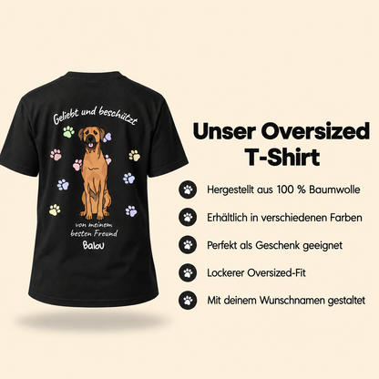 T-shirt noir 100 % coton avec portrait de chien et le texte "Geliebt und beschützt".