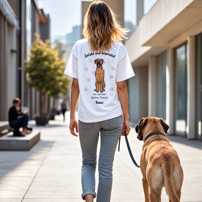 T-shirt blanc avec imprimé chien et le texte "Geliebt und beschützt" au dos, porté par une femme.
