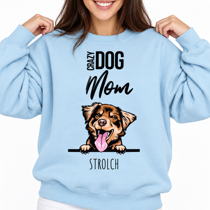 Lichtblauwe sweater met hondenmotief en opdruk "Crazy Dog Mom". Ideaal voor huisdierouders.