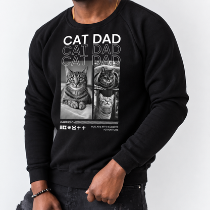 Zwarte sweater met kattenmotief en de tekst "Cat Dad", gepersonaliseerd voor kattenliefhebbers.