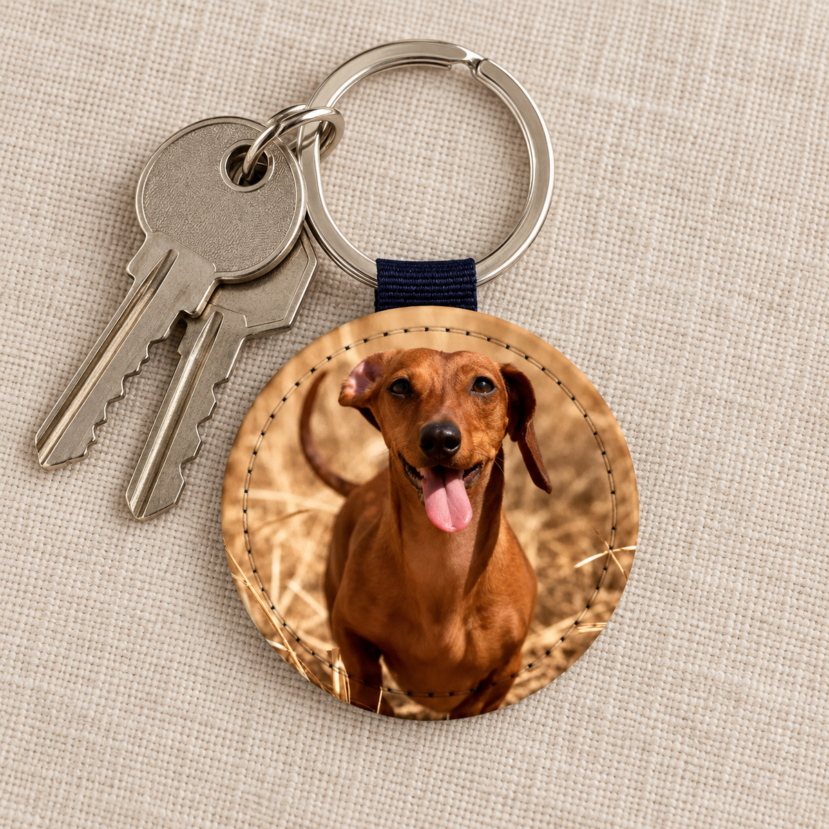 Ronde sleutelhanger met gepersonaliseerde hondenfoto, metalen ring en blauw lusje.