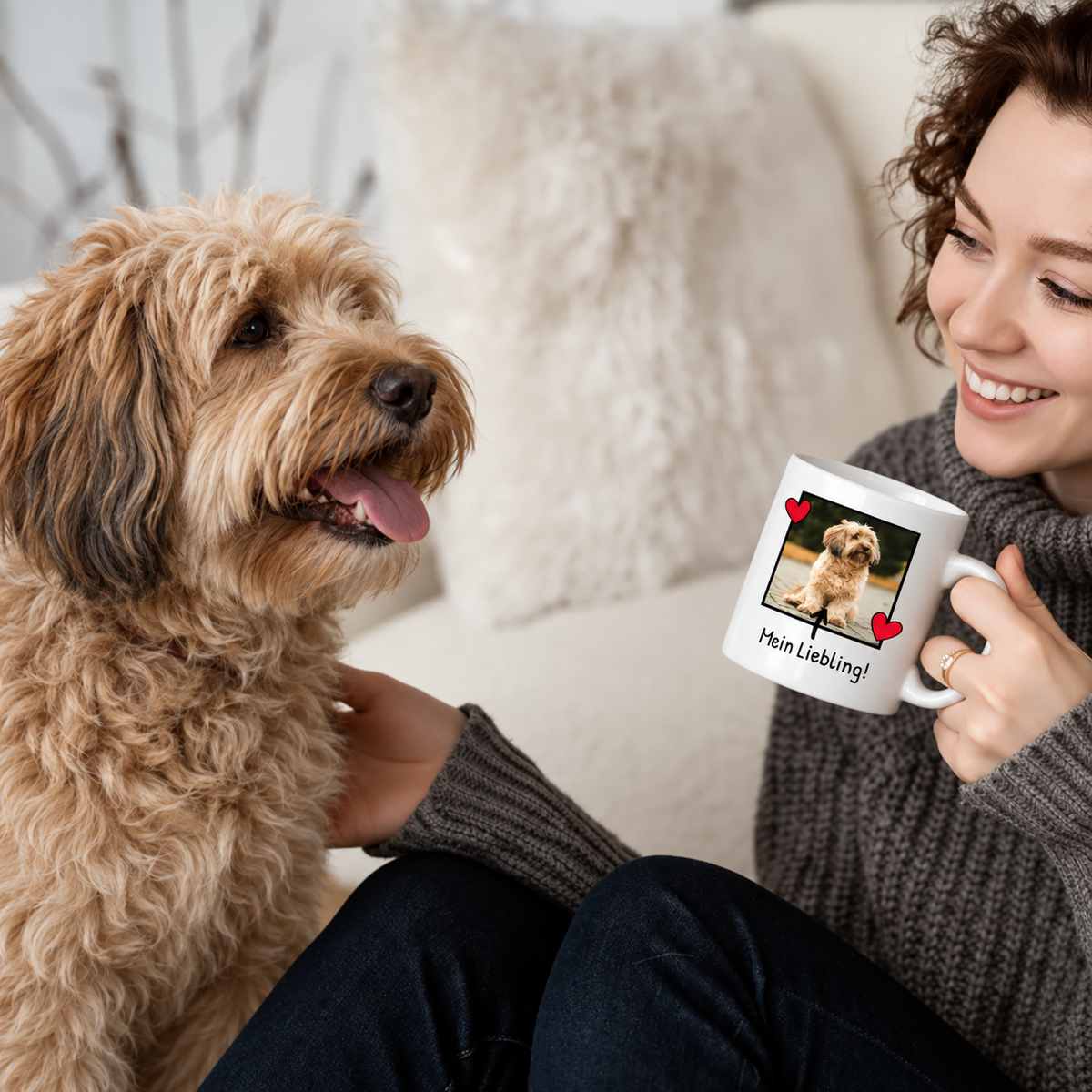 Persoon drinkt uit een witte fotomok met hondenfoto en tekst, zittend naast een hond.