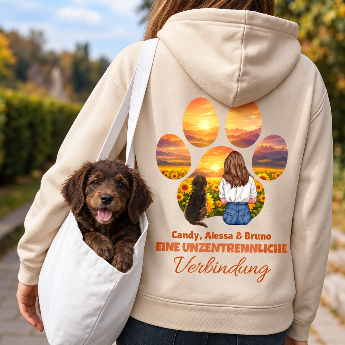 Beige hoodie met pootontwerp, een vrouw met honden in een zonnebloemenlandschap. Personaliseerbaar.