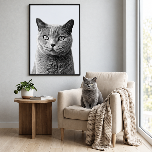 Grijs huisdierportret in een zwarte lijst aan de muur boven een beige fauteuil met een grijze kat.