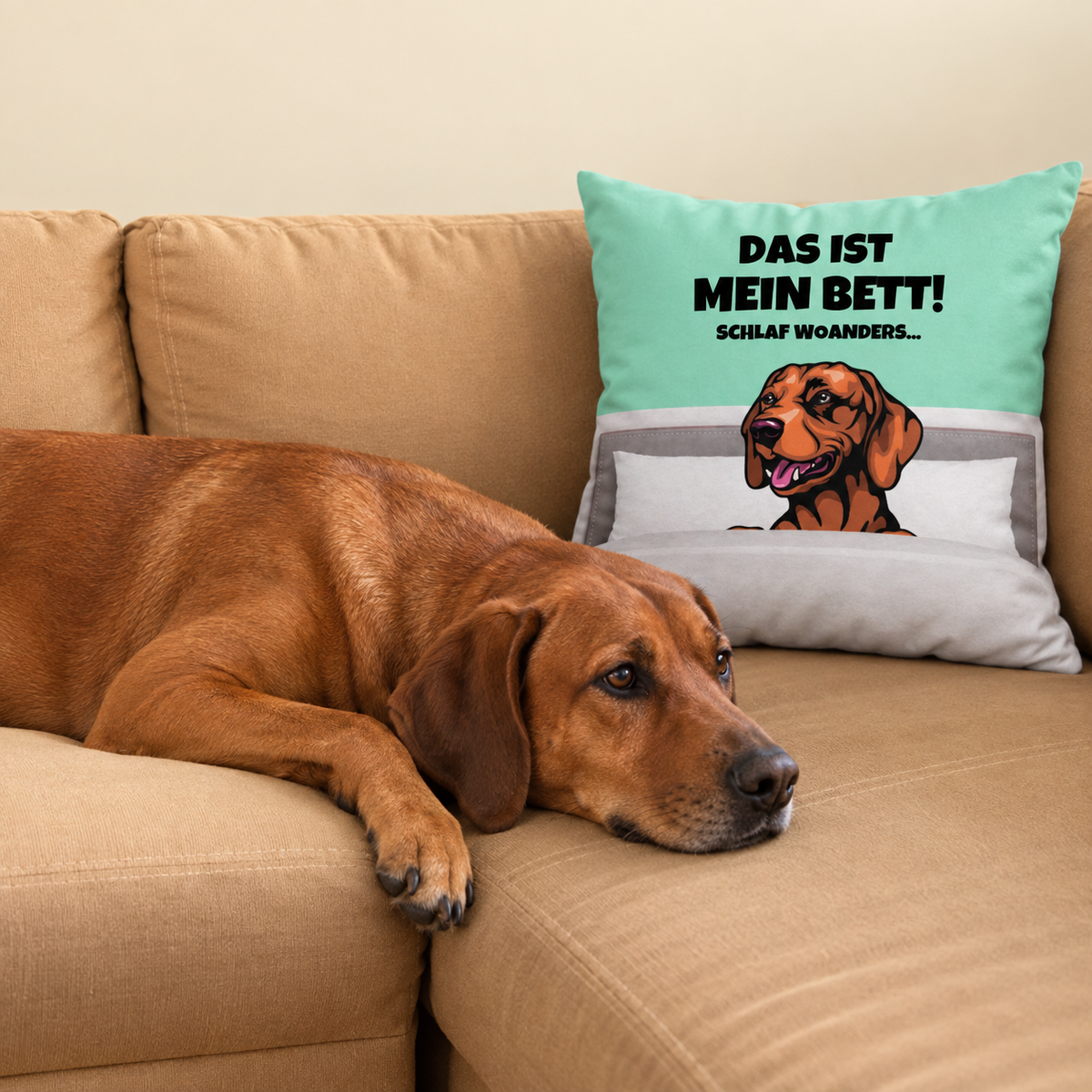 Personaliseerbaar kussen met mintgroen hondenontwerp en grijze stof op een bank. Hond ligt ernaast.