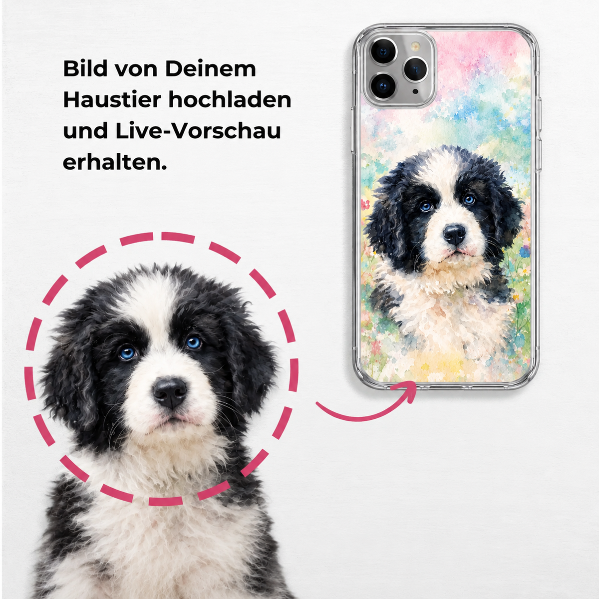 Gepersonaliseerd telefoonhoesje met aquarelprint van een hondenportret op transparante achtergrond.