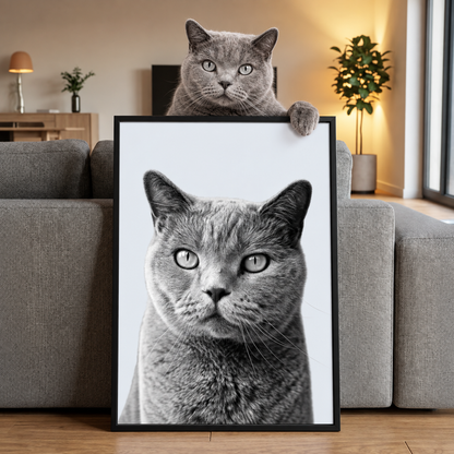 Grijs huisdierportret in een zwarte lijst, gepresenteerd door een gelijkende kat.