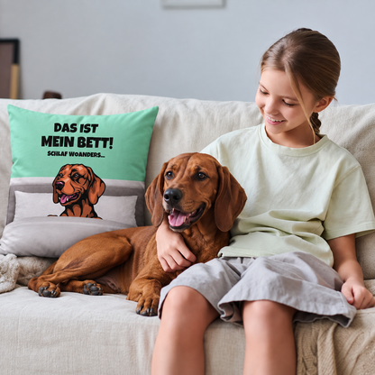 Gepersonaliseerd kussen met hondenmotief in mintgroen en grijs, met een meisje en haar hond op de bank.