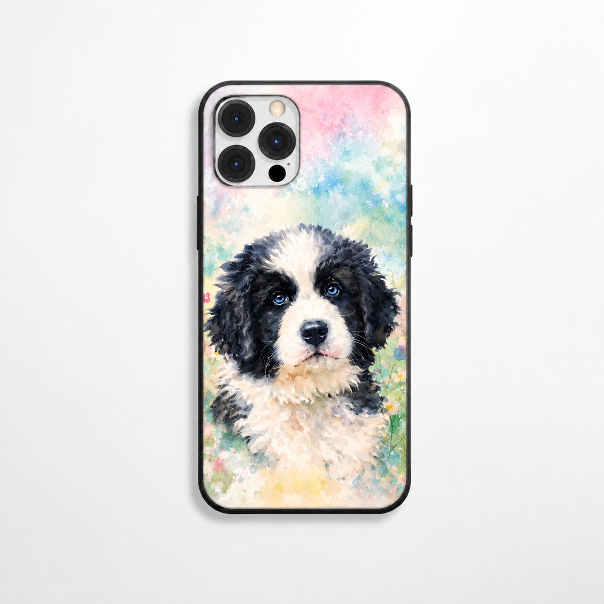 Telefoonhoesje met aquarelmotief van een hond, kleurverloop in pasteltinten.