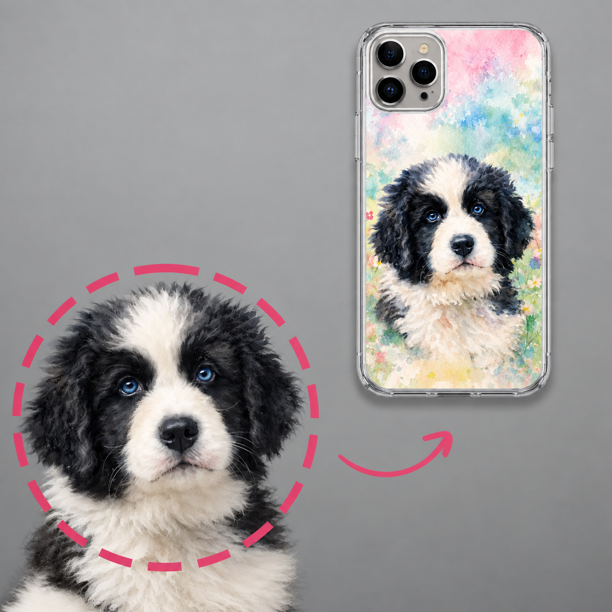 Gepersonaliseerd telefoonhoesje met aquarelprint van een hond in roze en groen.