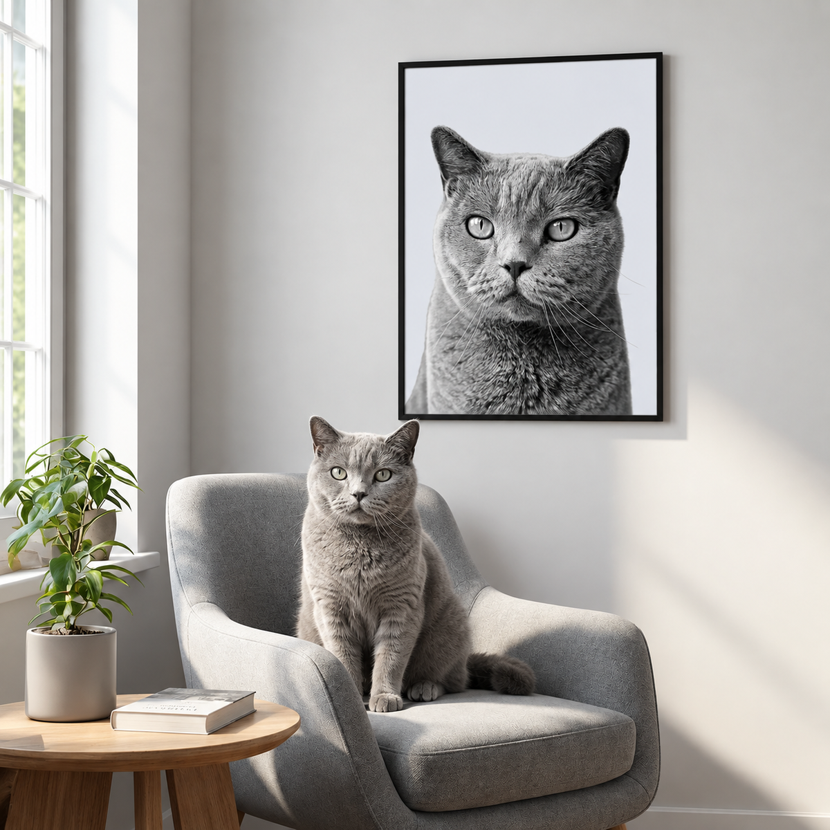 Grijze kater zit op een fauteuil voor een ingelijste zwart-witposter van een kattenportret.