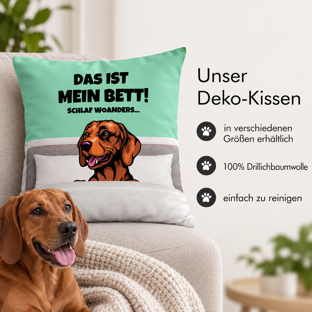 Personaliseerbaar mintgroen kussen met hondenmotief en tekst, van 100% katoenen drill.