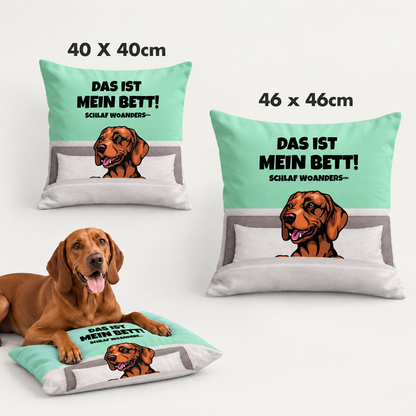 Gepersonaliseerd mintgroen kussen met hondenmotief en tekst, verkrijgbaar in 40x40 cm en 46x46 cm.