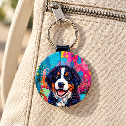 Porte-clés rond avec design street art coloré d'un chien, accroché à un sac.