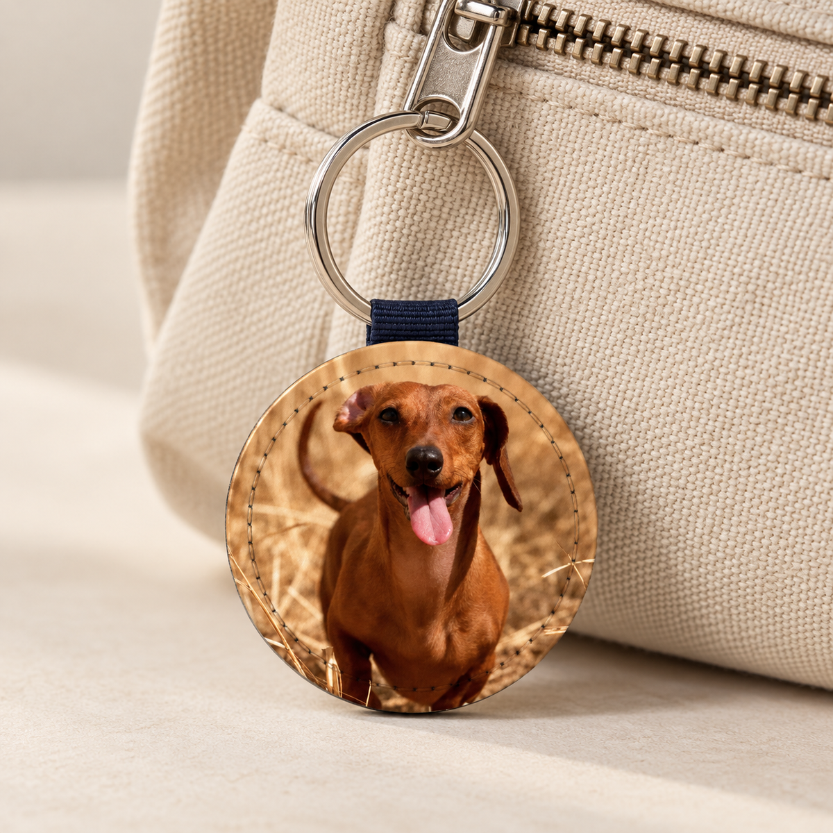 Ronde sleutelhanger met gepersonaliseerde hondenfoto, grijs met blauw bandje.