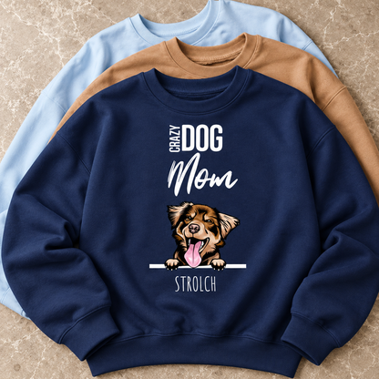 Drie sweaters in blauw, bruin en donkerblauw met hondenmotief en de tekst "Crazy Dog Mom".