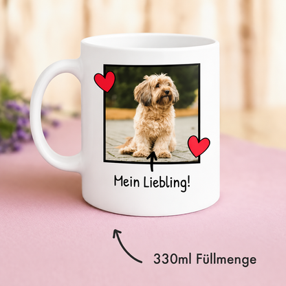 Witte mok met foto van een hond en de tekst "Mein Liebling!", inhoud 330 ml.