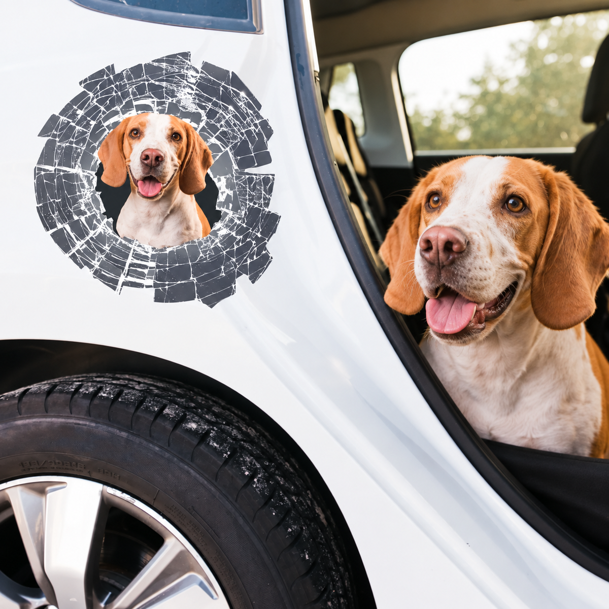 Autocollant de voiture personnalisé avec photo d'un chien qui regarde à travers une fissure, sur une voiture blanche.