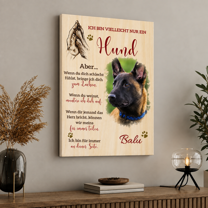 Gepersonaliseerd canvas met hondenmotief en tekst over de trouw en steun van honden.