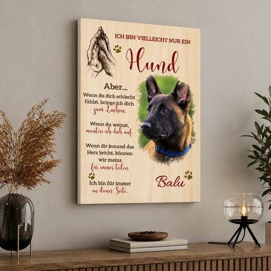 Gepersonaliseerd canvas met hondenmotief en tekst over de trouw en steun van honden.