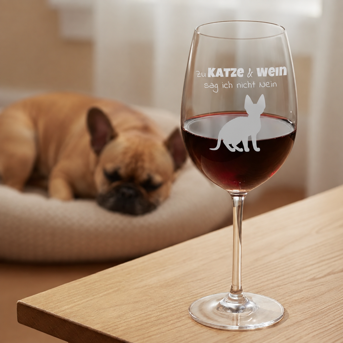 Gepersonaliseerd wijnglas met kattenmotief en tekst, gevuld met rode wijn, op een houten tafel. Hond slaapt op de achtergrond.