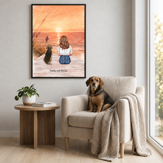 Gepersonaliseerde illustratie van een meisje en hond op het strand, in warme kleuren, in een elegante lijst.