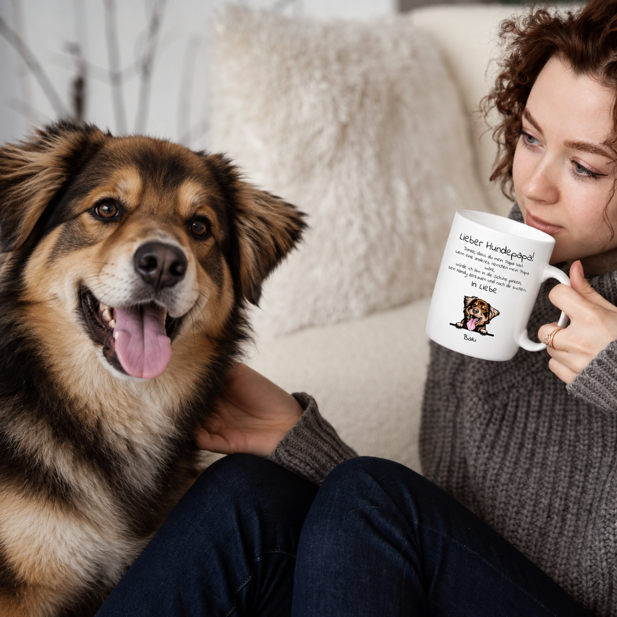 Persoon met hond houdt een witte mok met de tekst "Lieber Hundepapa" vast.