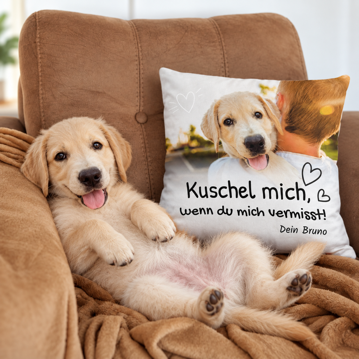 Knuffelkussen met opdruk "Kuschel mich, wenn du mich vermisst!" en een hondenmotief.