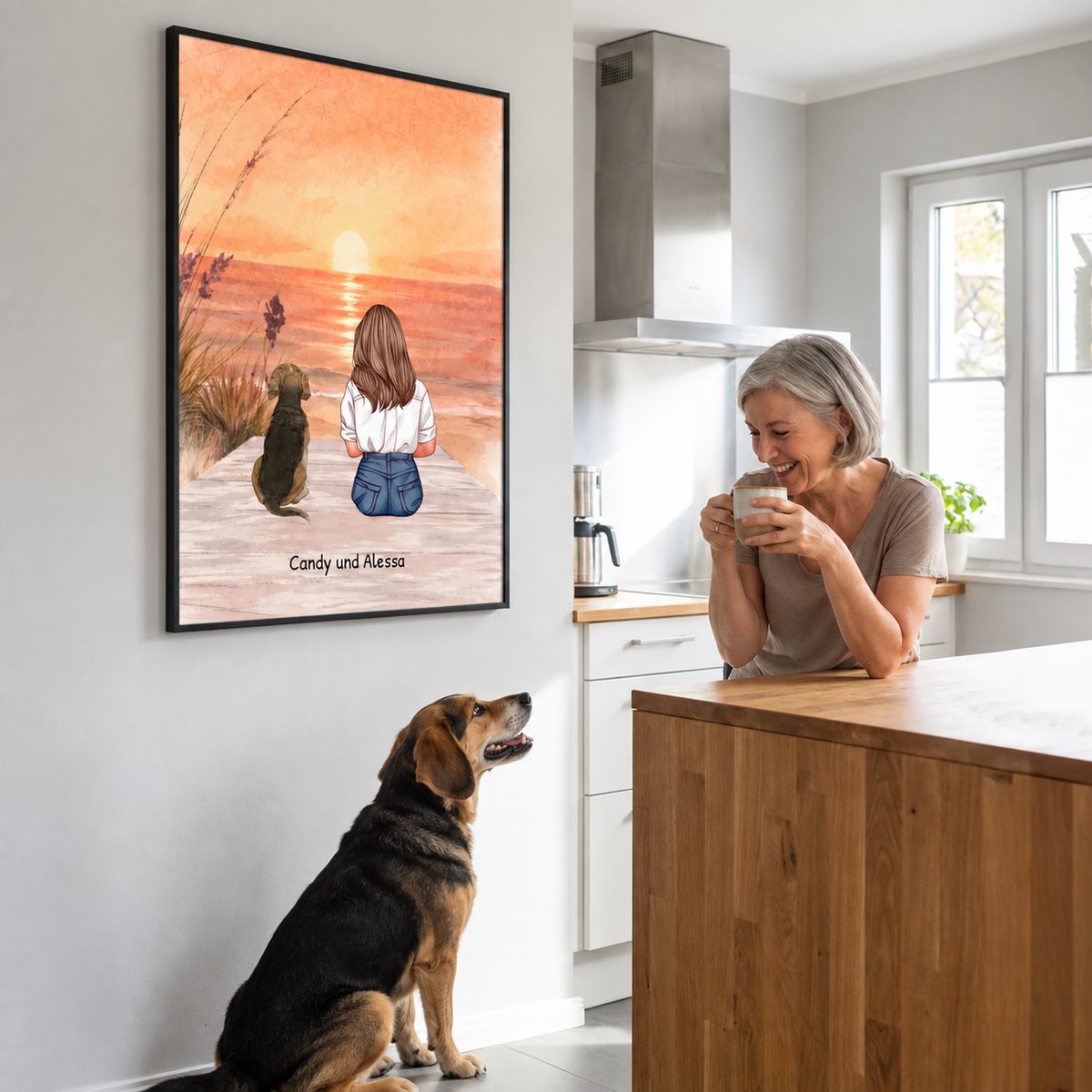 Gepersonaliseerde posterillustratie van een vrouw en een hond op het strand bij zonsondergang.