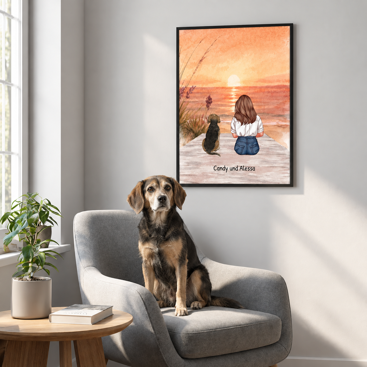 Gepersonaliseerde wandkunst van een meisje met hond, geschilderd bij zonsondergang, in een moderne lijst.