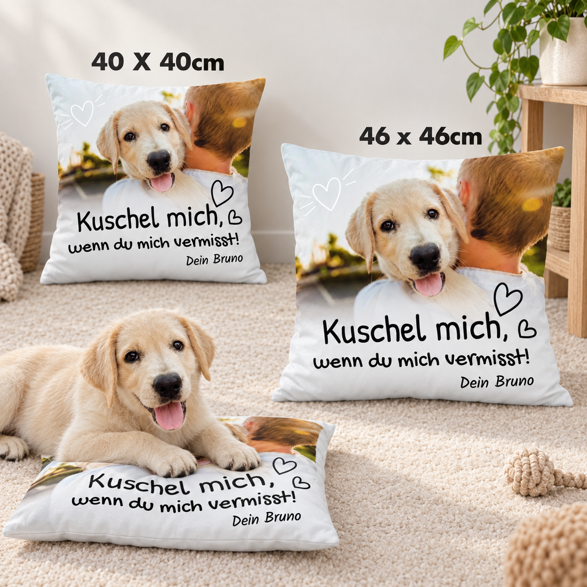 Kussen met de tekst "Kuschel mich, wenn du mich vermisst!" in twee maten, 40 x 40 cm en 46 x 46 cm.