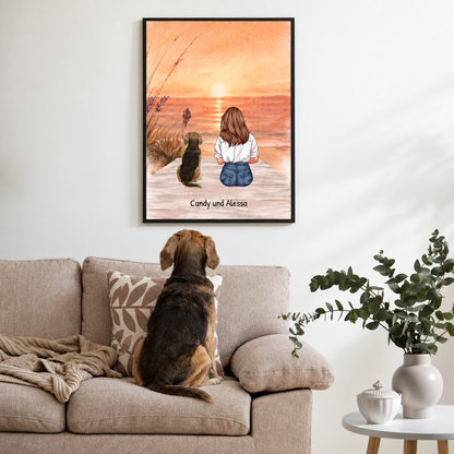 Gepersonaliseerde ingelijste poster van een meisje en een hond op het strand bij zonsondergang.