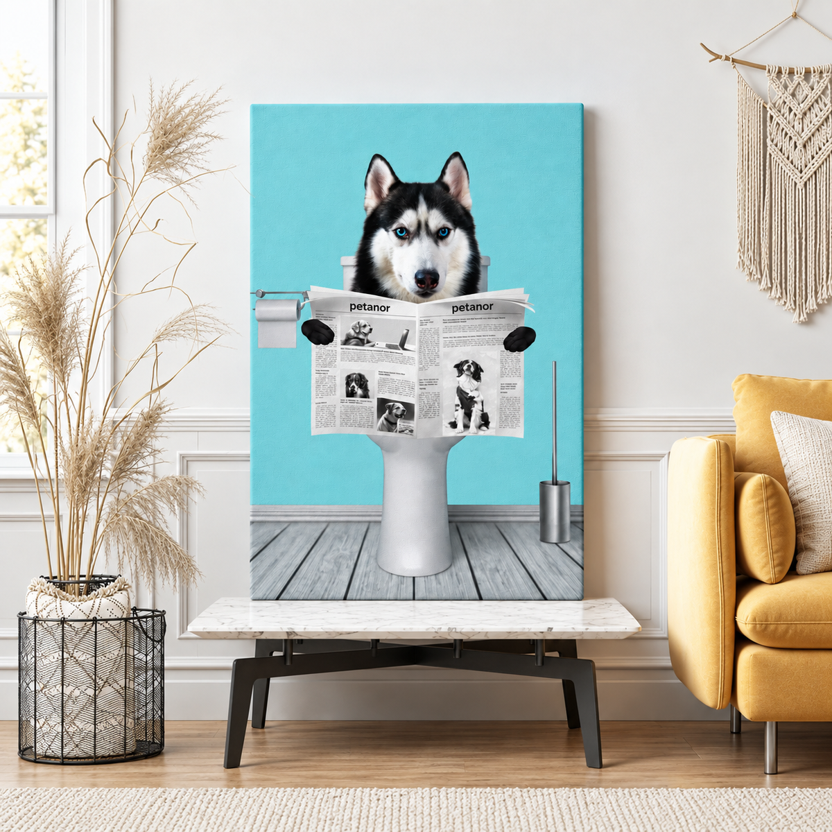 Canvas met een hond die op een wc zit en de krant leest, blauwe achtergrond.