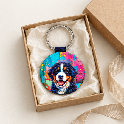 Porte-clés rond avec motif de chien coloré, emballé dans une boîte cadeau avec papier de soie.