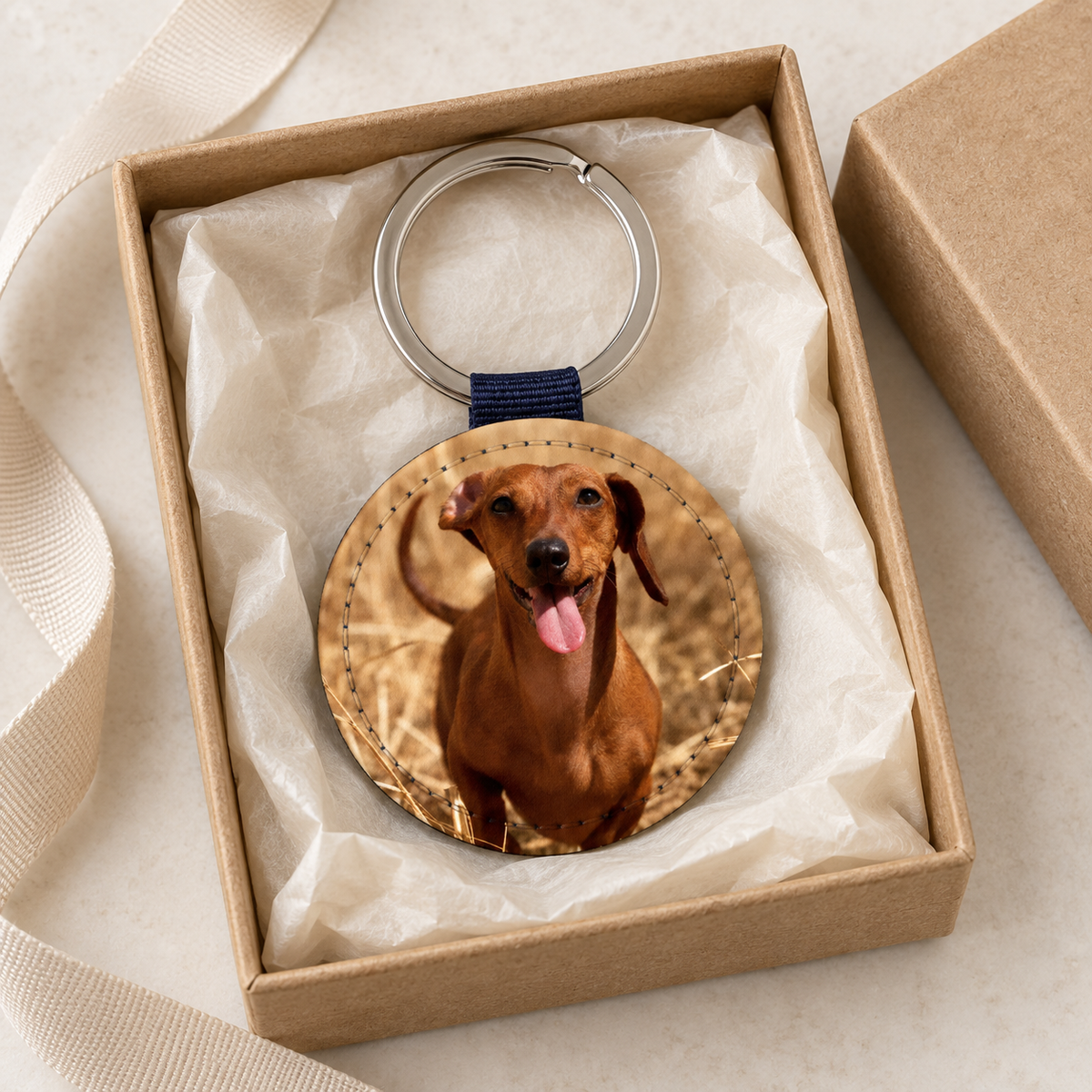 Gepersonaliseerde ronde sleutelhanger met foto van een hond in een cadeaudoos.