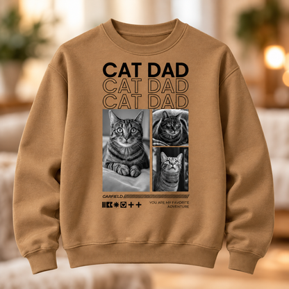 Bruine sweater met kattenmotieven en de tekst "Cat Dad".